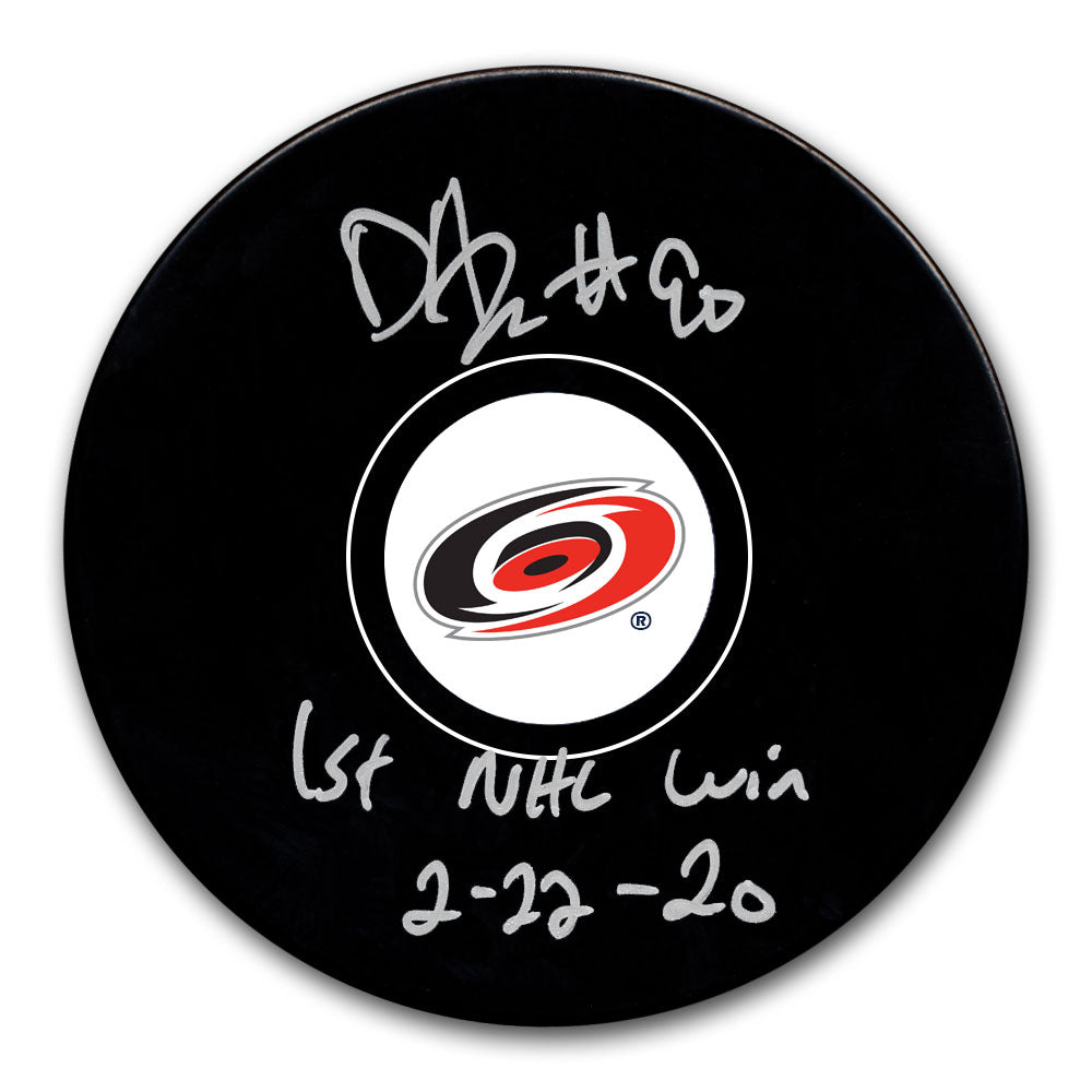 David Ayres Carolina Hurricanes 1ère victoire dans la LNH 2-22-20 Rondelle autographiée