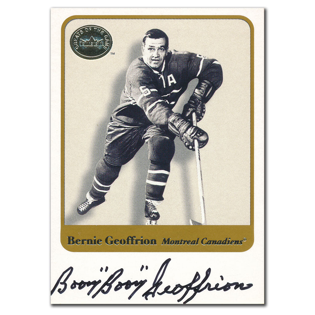 Carte autographiée par Bernie Geoffrion des grands joueurs du jeu Fleer 2001-02