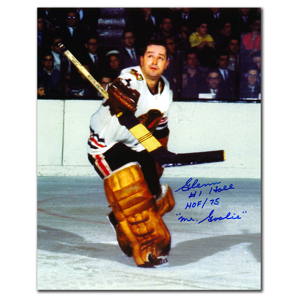 Glenn Hall Chicago Blackhawks STICK SAVE Autographed 8x10