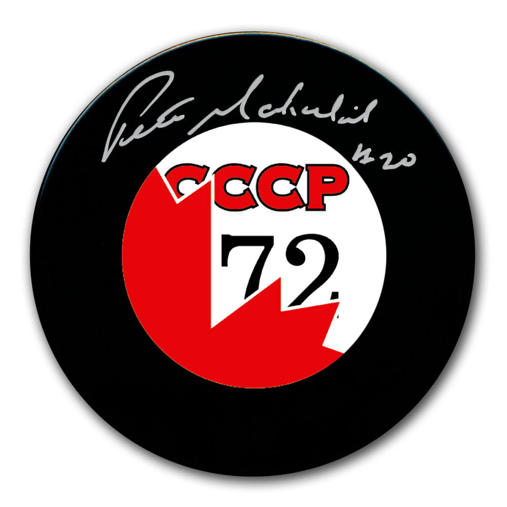 Rondelle autographiée CCCP de Pete Mahovlich d'Équipe Canada 1972 Summit Series