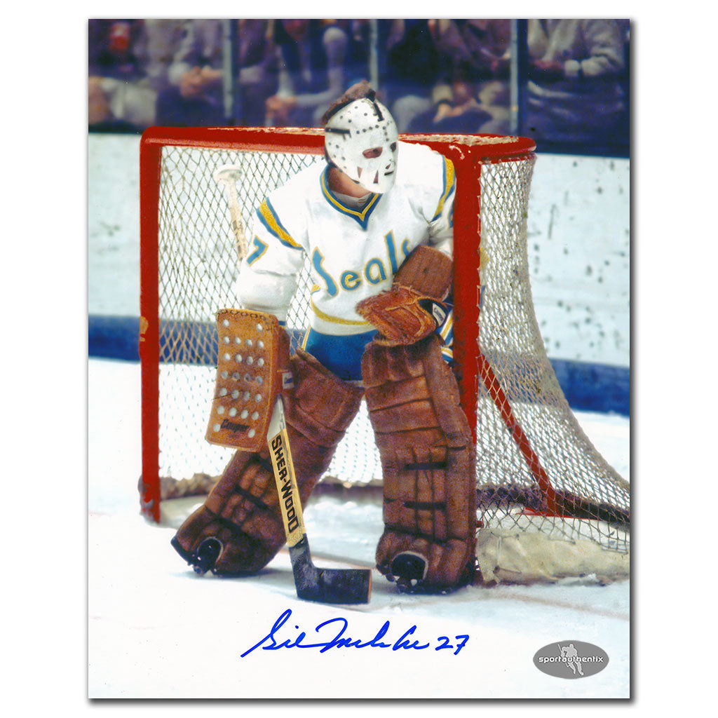 Gilles Meloche California Golden Seals WHITE JERSEY Autographed 8x10