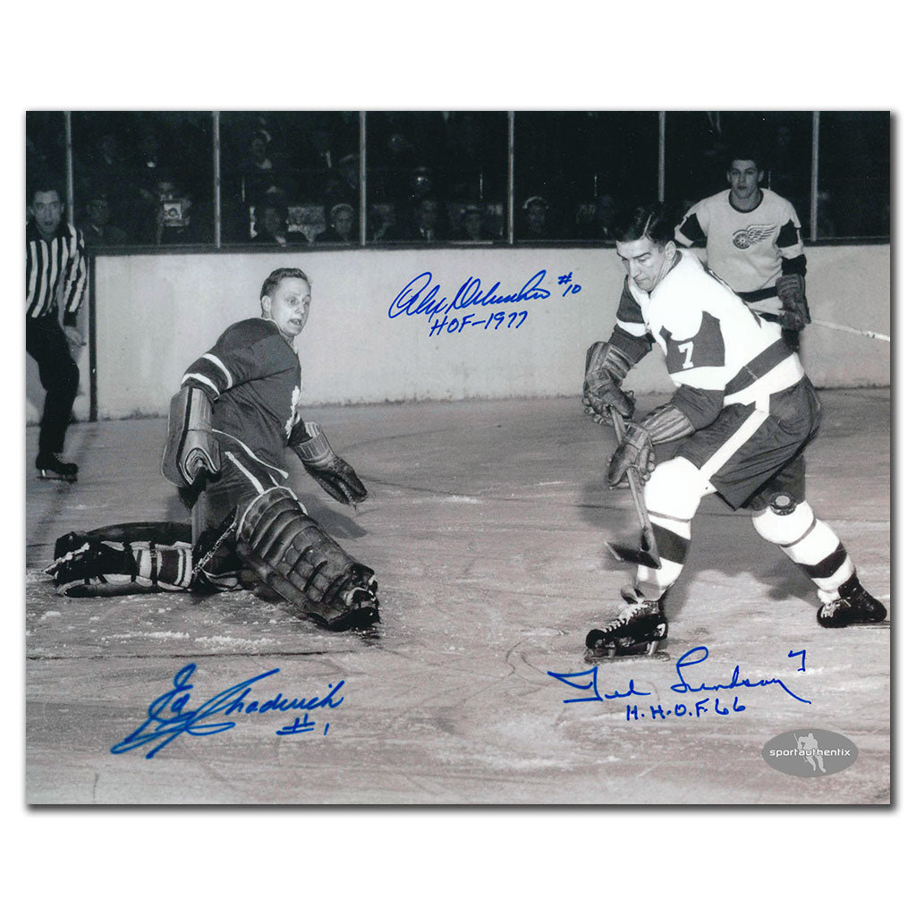 Ted LIndsay & Alex Delvecchio vs. Ed Chadwick Triple Autographed 8x10 Photo