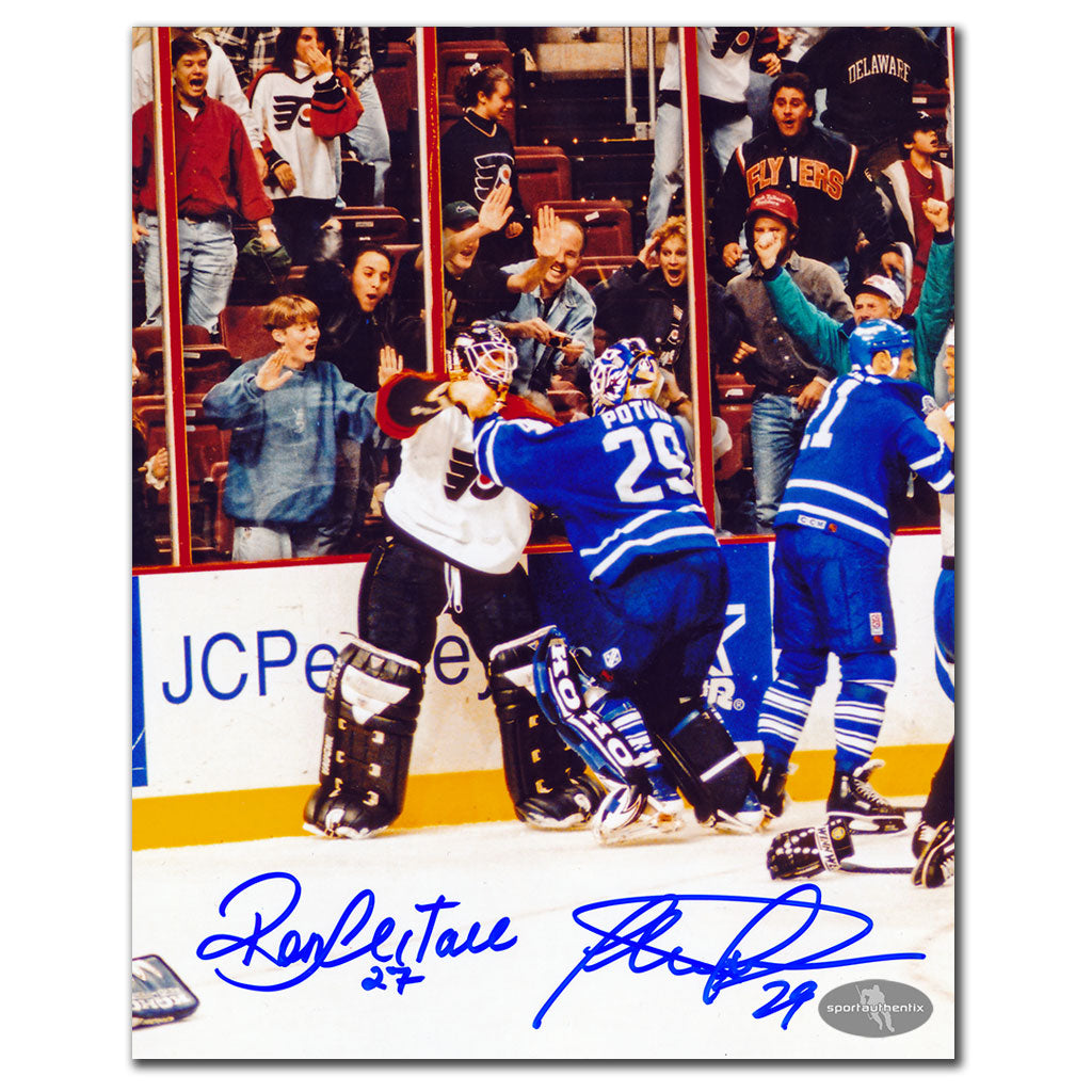 Ron Hextall vs. Felix Potvin Dual Fight Photo Autographed 8x10