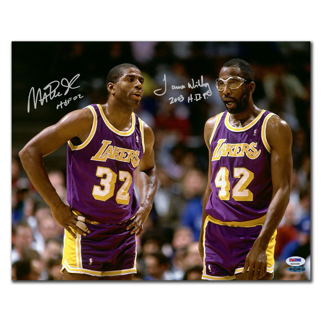 Magic Johnson James Worthy Los Angeles Lakers HOF Dual Autographed 16x20 PSA