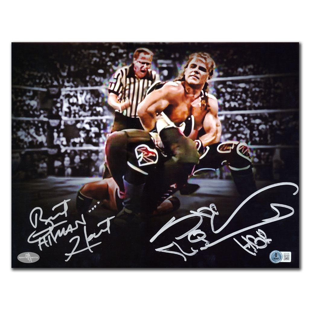 Bret Hart THE HITMAN vs Shawn Michaels HBK WWE Wrestling SHARPSHOOTER Dual Autographed 11x14 BAS COA