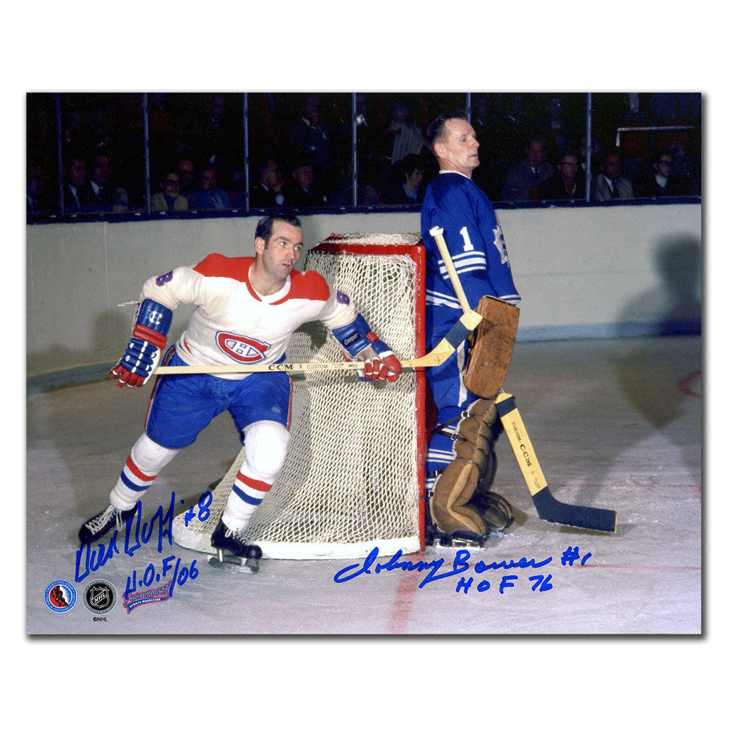 Dick Duff contre Johnny Bower double photo dédicacée 8 x 10