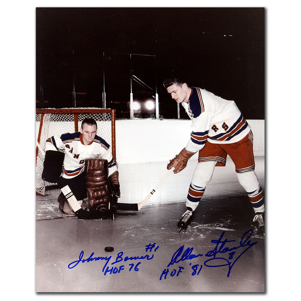 Johnny Bower et Allan Stanley New York Rangers HOF Double photo dédicacée 8 x 10