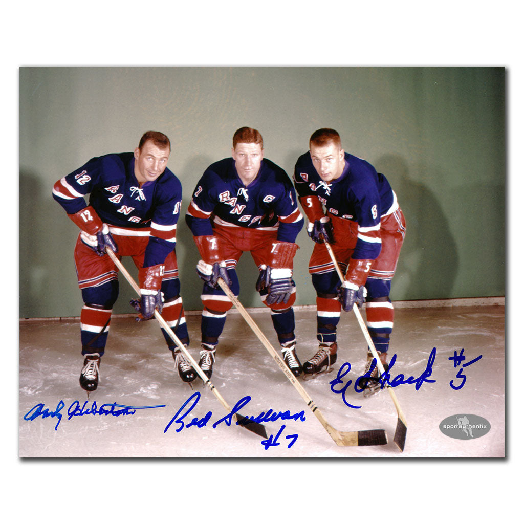 Andy Hebenton Red Sullivan Ed Shack New York Rangers Triple photo dédicacée 8 x 10