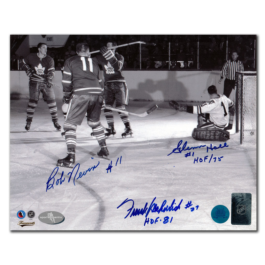 Frank Mahovlich et Bob Nevin contre Glenn Hall Triple photo dédicacée 8 x 10