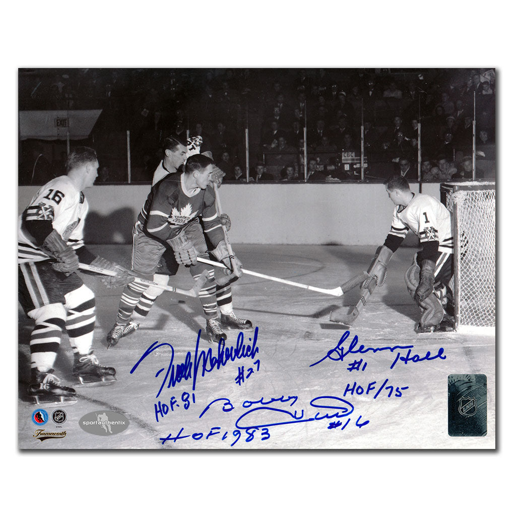 Bobby Hull et Glenn Hall contre Frank Mahovlich Triple photo dédicacée 8x10