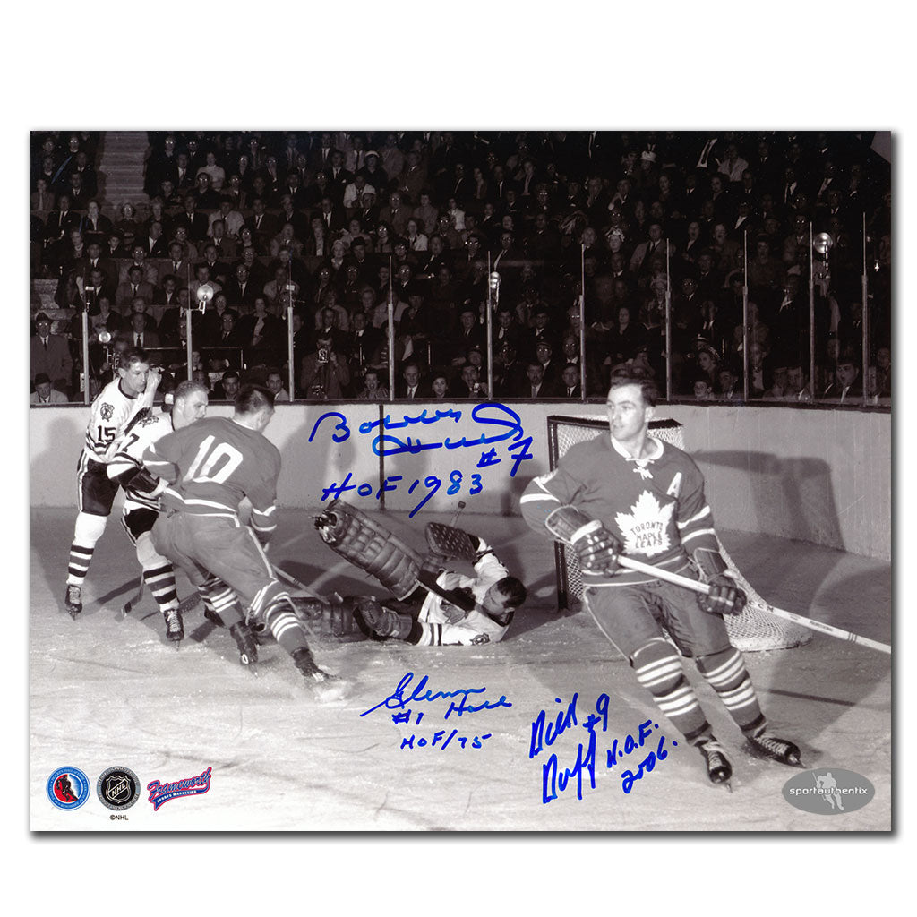 Bobby Hull & Glenn Hall vs. Dick Duff Triple Autographed 8x10 Photo