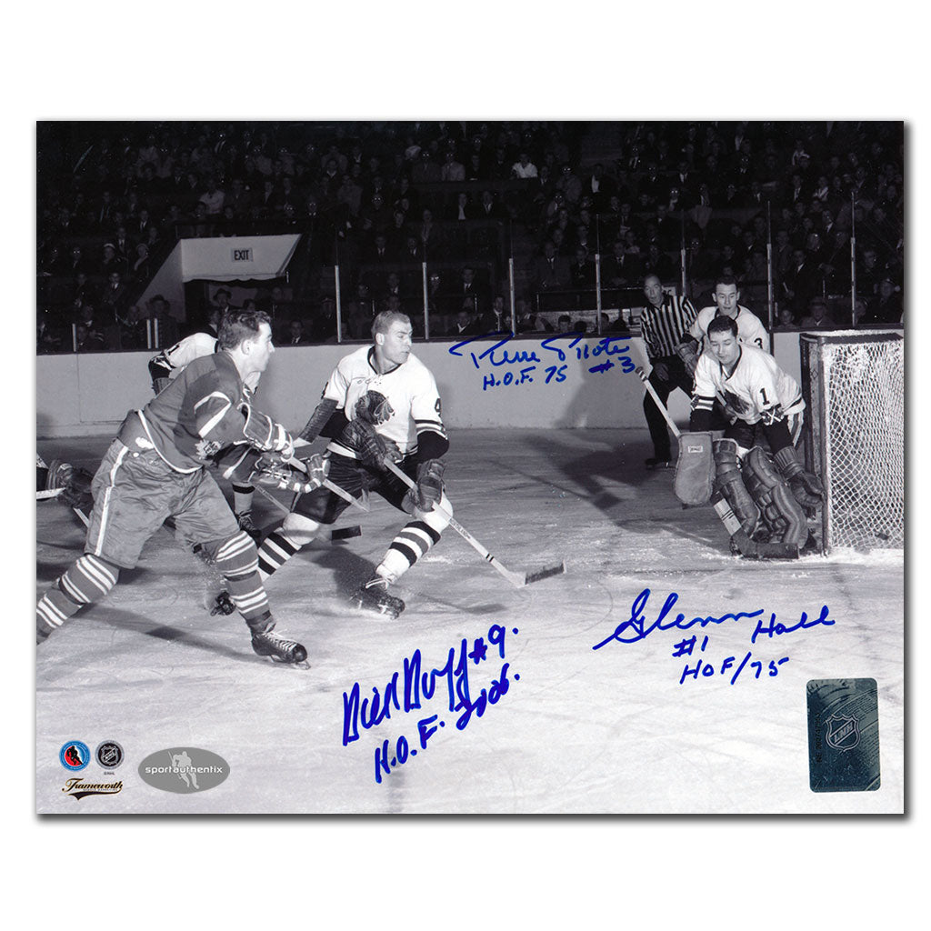 Dick Duff vs. Pierre Pilote & Glenn Hall Triple Autographed 8x10 Photo