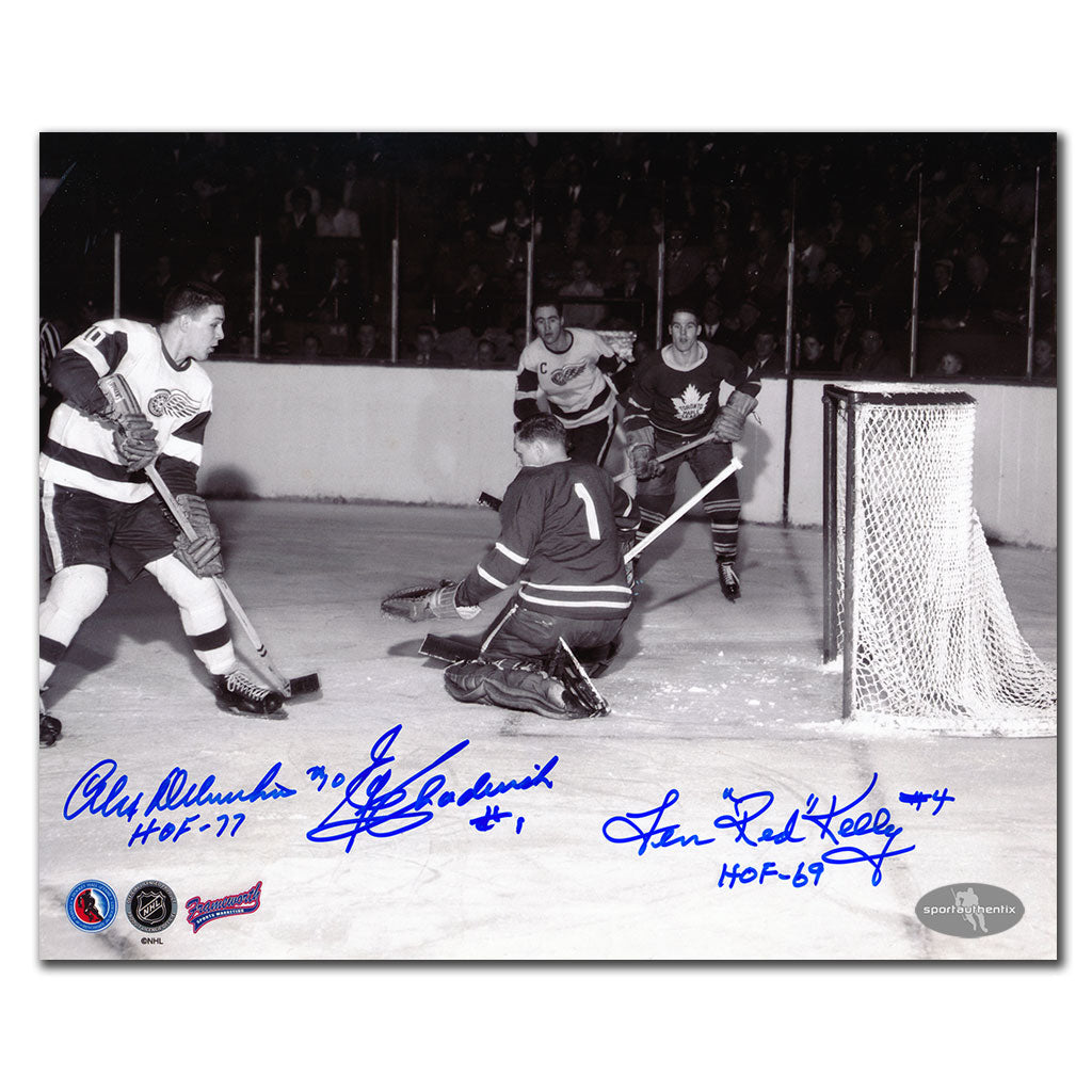 Alex Delvecchio & Red Kelly vs. Ed Chadwick Triple Autographed 8x10 Photo