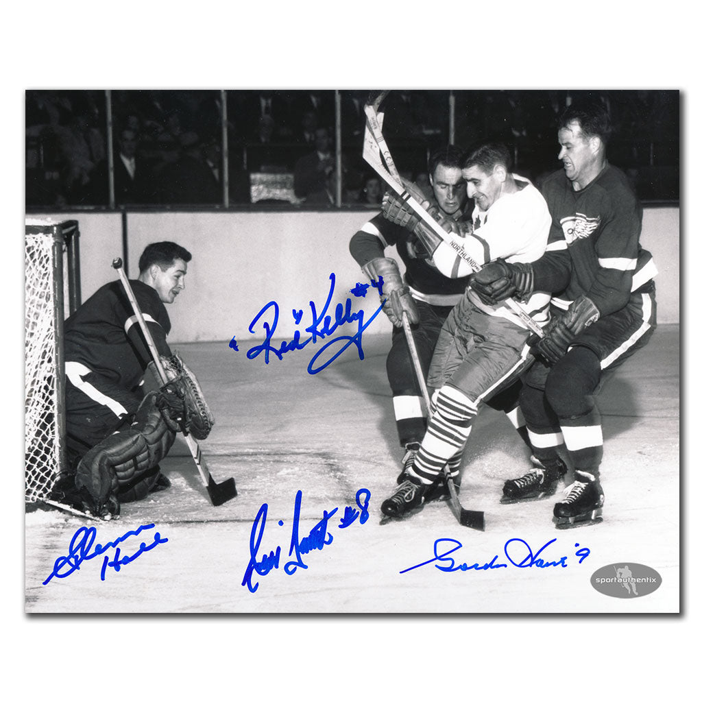 Gordie Howe Glenn Hall & Red Kelly vs Sid Smith Autographed 8x10 Photo