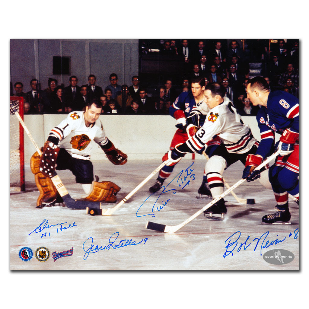 Jean Ratelle & Bob Nevin vs Glenn Hall & Pierre Pilote Autographed 8x10 Photo