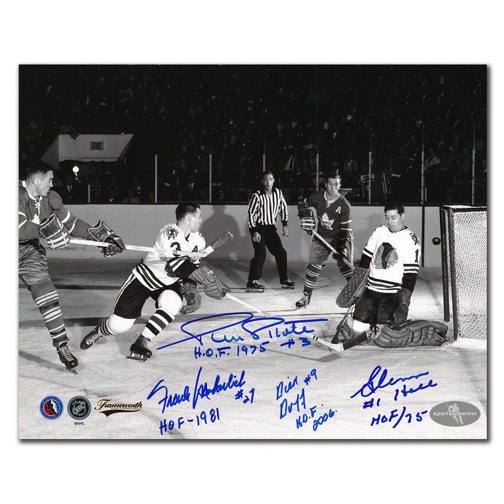 Frank Mahovlich & Dick Duff vs Pierre Pilote & Glenn Hall Autographed 8x10 Photo