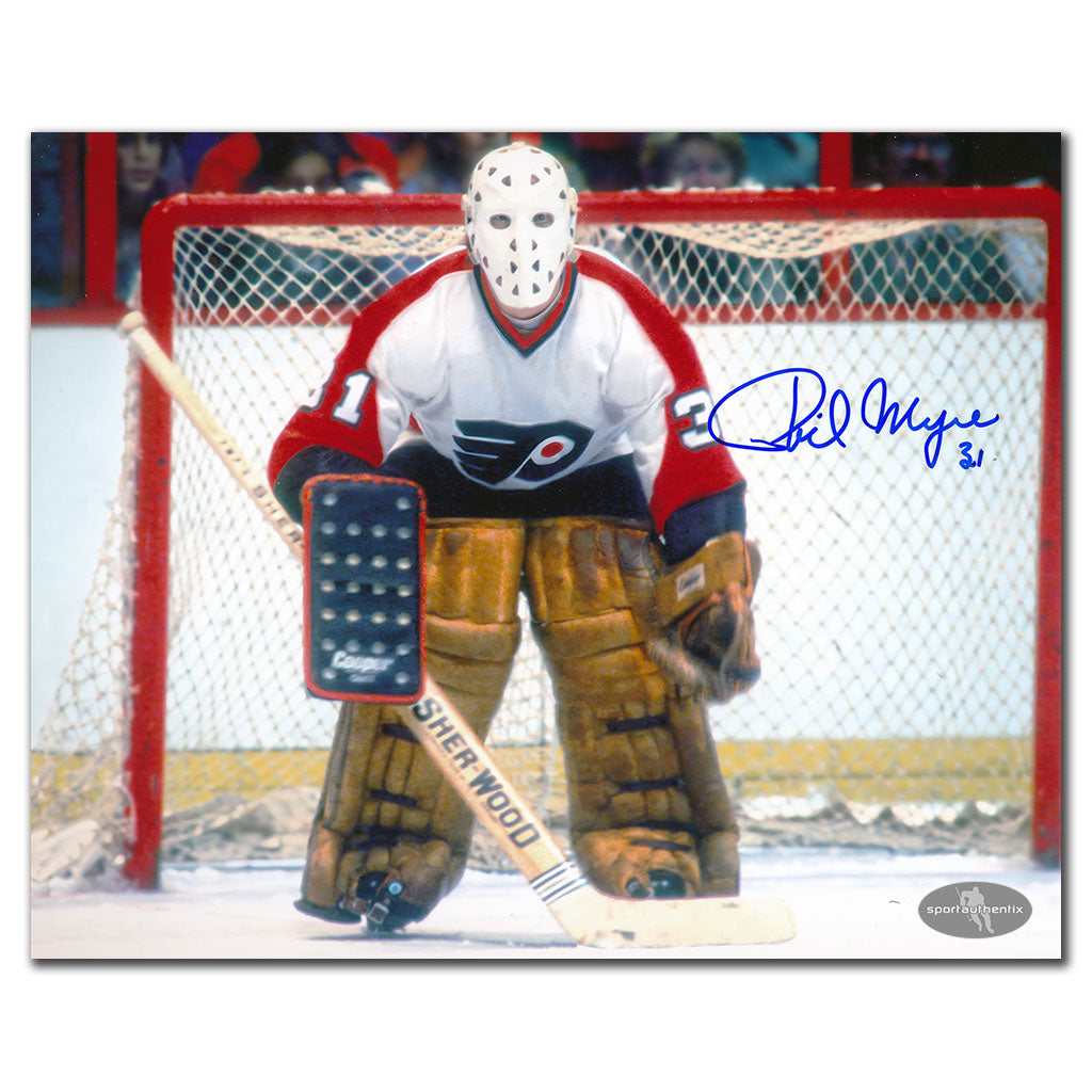 Phil Myre Flyers de Philadelphie ENTRE LES TUYAUX Autographié 8x10