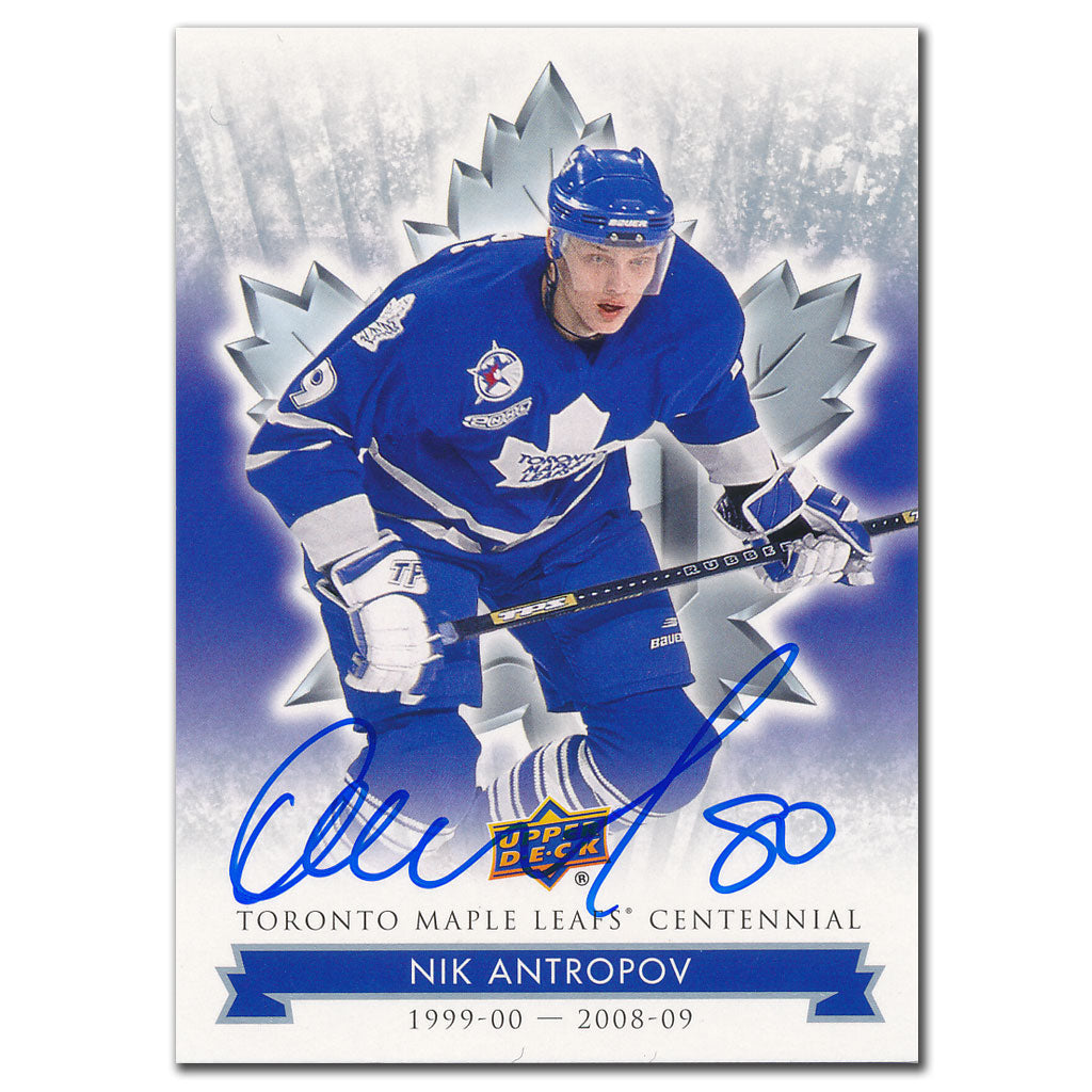 Carte dédicacée du centenaire des Maple Leafs de Toronto Upper Deck 2017 par Nik Antropov #55